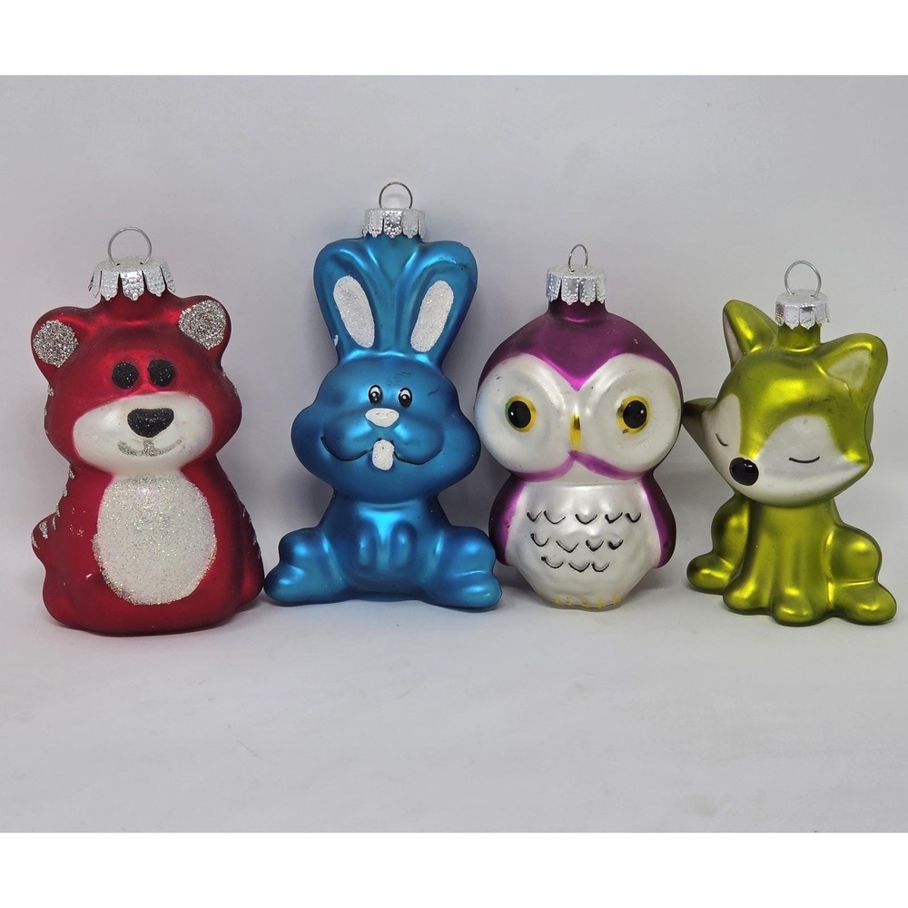 Rauch Christmas Woodland Animal Glass Ornaments Lot of 4 (Bear, Fox, Owl, Rabbit